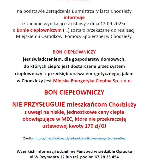 Bon Ciepłowniczy nie przysługuje mieszkańcom Chodzieży – niskie ceny ciepła