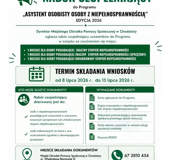 Nabór uzupełniający do programu „Asystent osobisty osoby z niepełnosprawnością” w Chodzieży