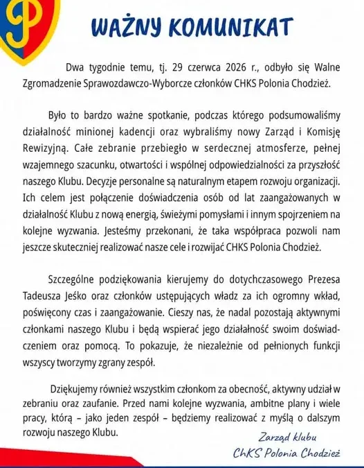 Nowy Zarząd CHKS Polonia Chodzież wybrany podczas Walnego Zgromadzenia