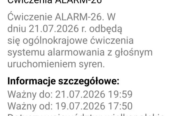 Wielkopolska: Ćwiczenia alarmowe ALARM-26 w środę 21 lipca