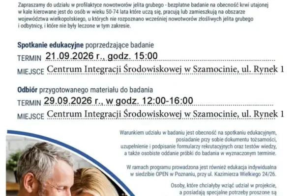 Bezpłatne badania profilaktyczne jelita grubego w Szamocinie – spotkanie edukacyjne już 21 września