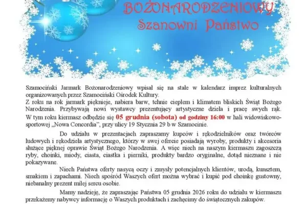 Szamociński Jarmark Bożonarodzeniowy 2026 – trwają zgłoszenia dla wystawców