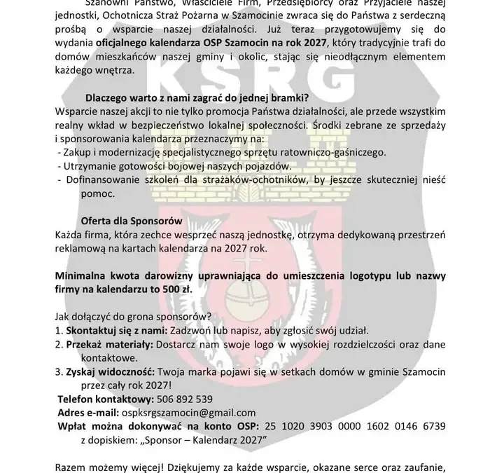 OSP Szamocin szuka sponsorów na kalendarze strażackie
